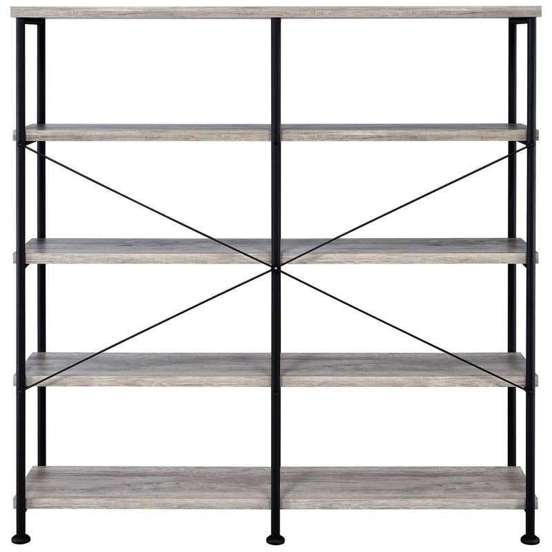 Bibliothèque rustique à 4 tablettes en bois flotté gris et noir, mobilier de bureau, bibliothèque noire à structure métallique, 4 tablettes pour le bureau,