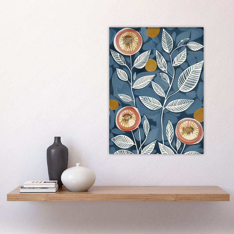 Folk Art Flower Line Patterns Blue Painting Wall Art Print