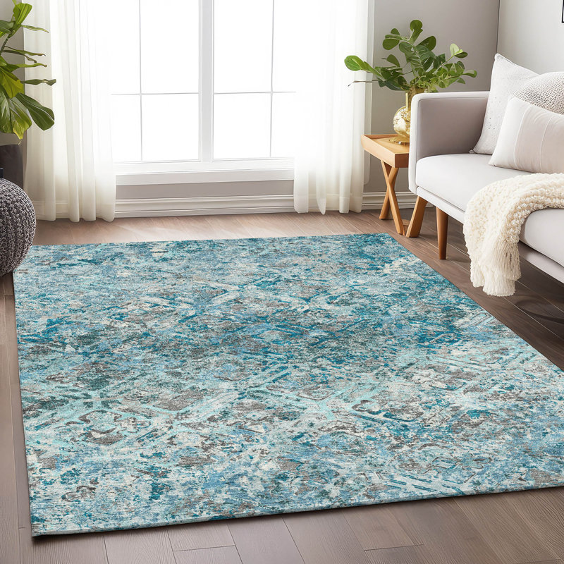 Premium Machine Washable Prisco Teal Rug, Rectangle 3' x 5'