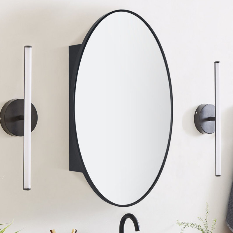 30"H x 20"W Surface Mount Black Oval Bathroom Medicine Cabinet with Mirror and Adjustable Shelves