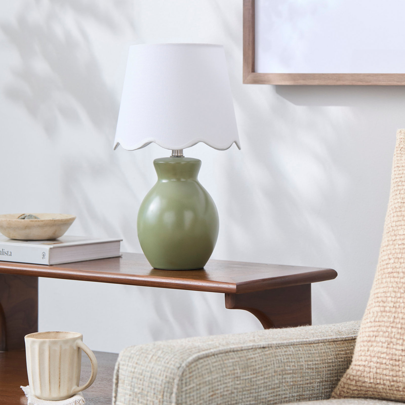 Momsen Scallop Shade Lamp, 15"" H x 8"" W x 8"" D, Khaki, White Twill