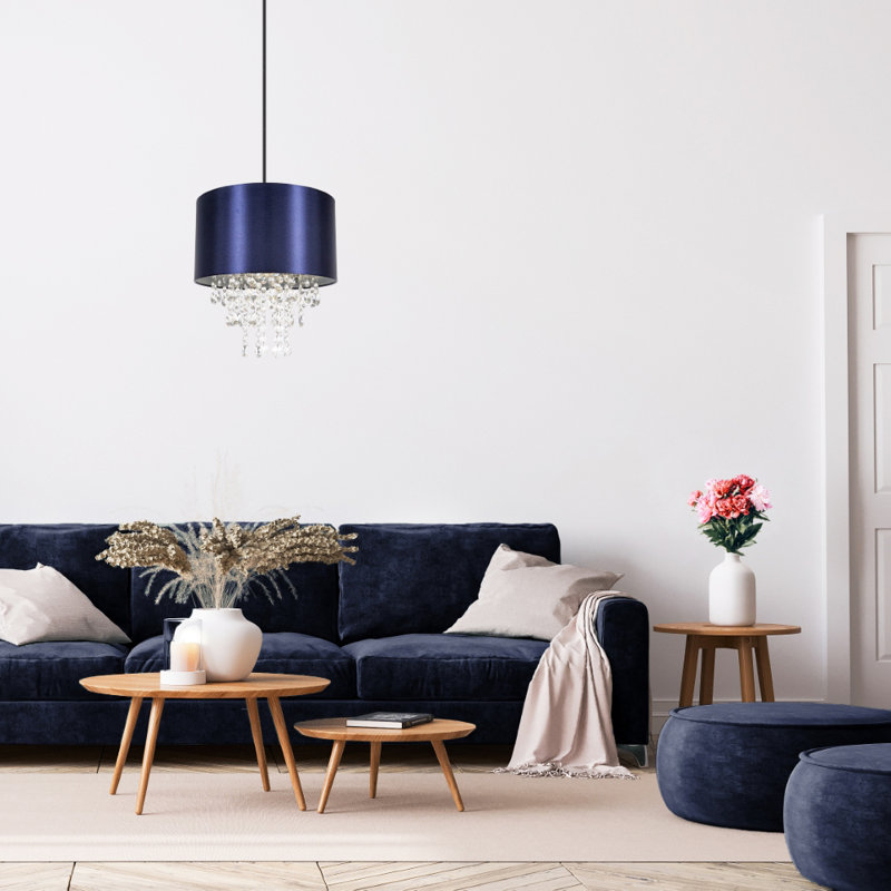 Modern Satin Fabric Pendant Light Shade with Acrylic Droplets, Blue, 17cm H x 30cm W x 30cm D