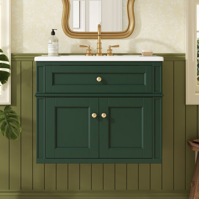 Meuble-lavabo mural 24 po avec tiroir basculant et charnières à fermeture en douceur, vert, 2 portes, lavabo simple en céramique, structure ouverte vers l'arrière