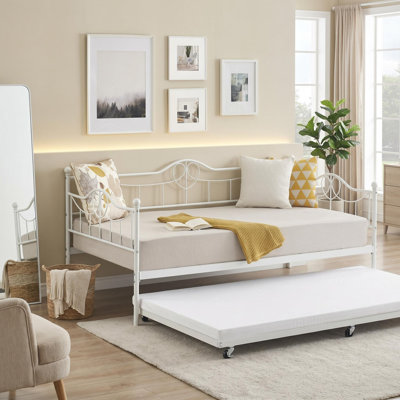 Modern Metal Daybed with Pull-Out Trundle - Twin Size Sofa Bed Frame-Space Saving for Small Spaces - White