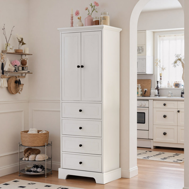 Storage Cabinet With 2 Doors And 4 Drawers For Bathroom, White
