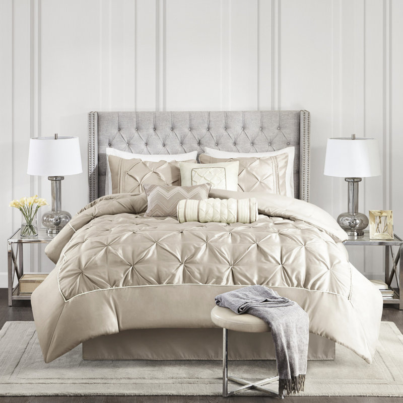 Édredon très grand 7 pièces taupe - magnifique édredon 100%, taies décoratives, coussins, jupe de lit inclus