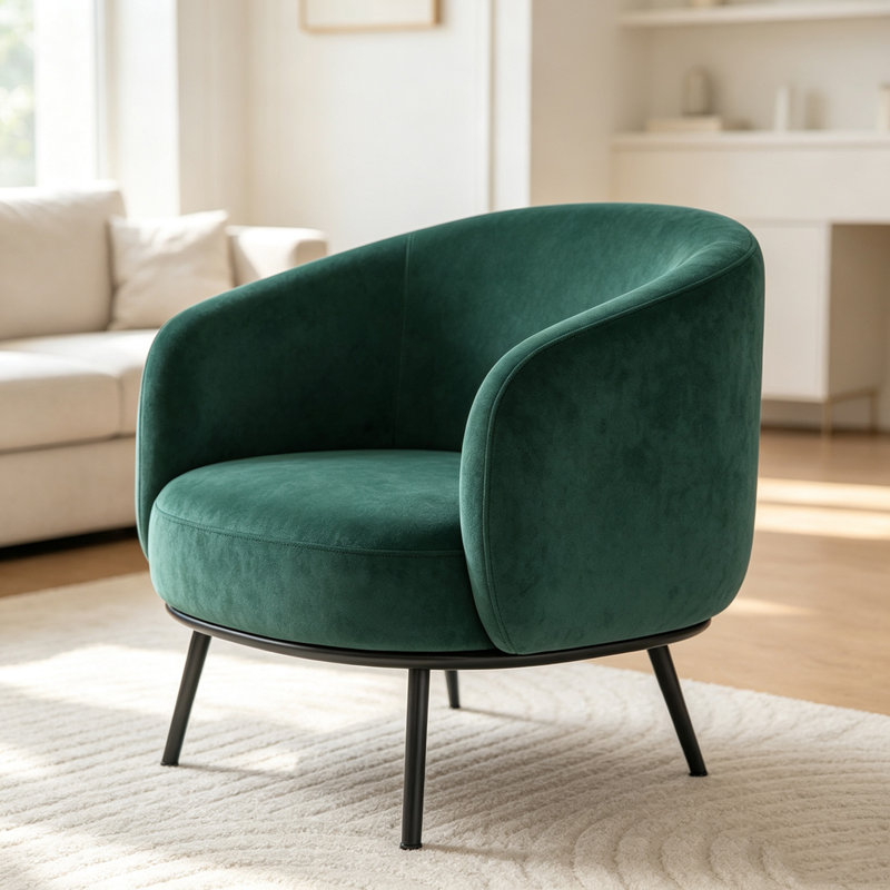 Chaise d'appoint moderne en velours, fauteuil avec accoudoirs demi-tonneau et pieds en métal, Green