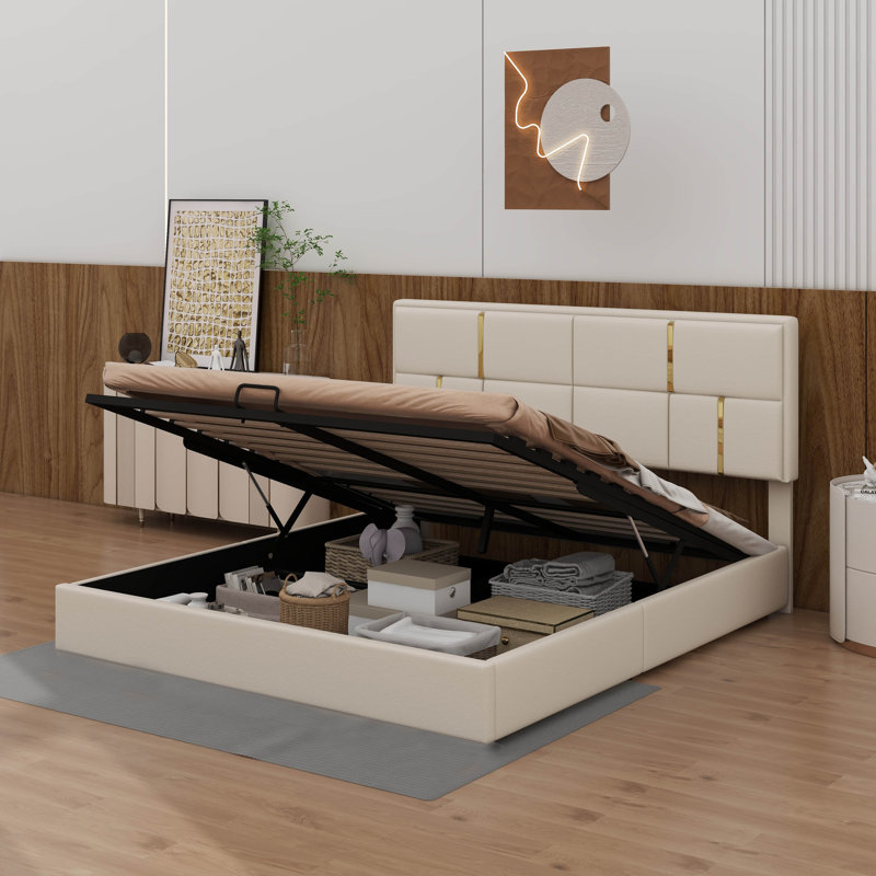 Grand lit plateforme avec finition rembourrée et système de rangement à levage hydraulique, Beige