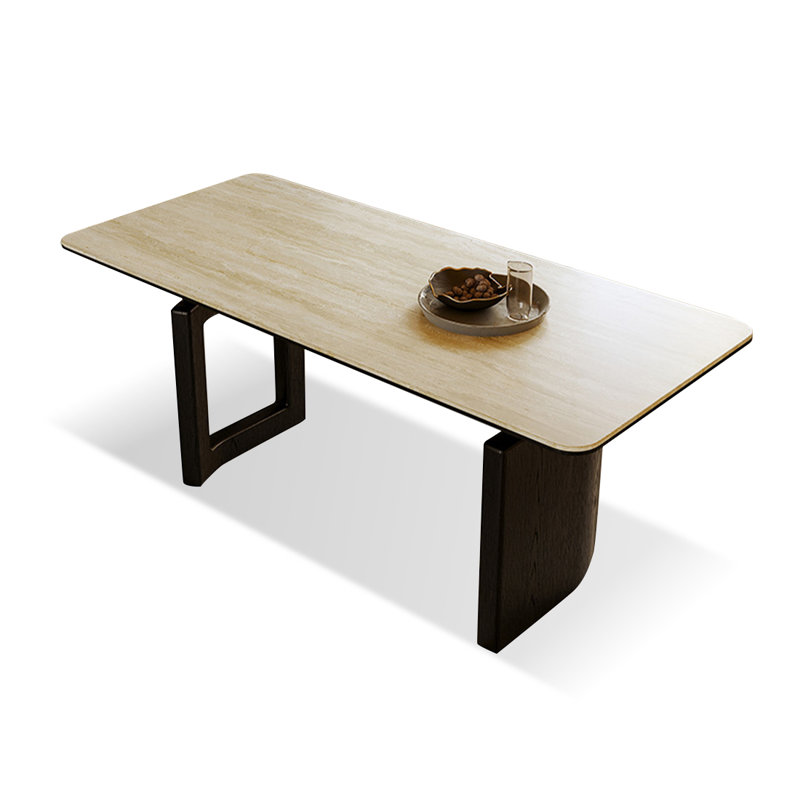 Columbia Beige + Black Rectangular Sintered Stone + Solid Wood Dining Table, 29.53"H x 55.12"L x 31.5"W