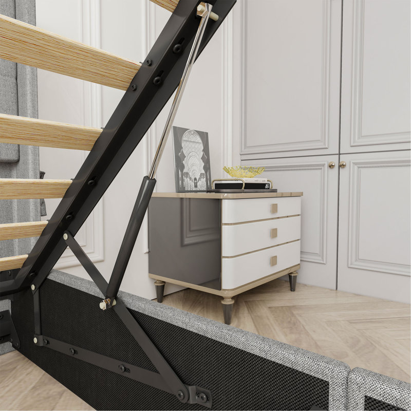 Cadre de lit avec lit de rangement à vérin à gaz avec tête de lit moderne à oreilles, ports USB, Gris clair