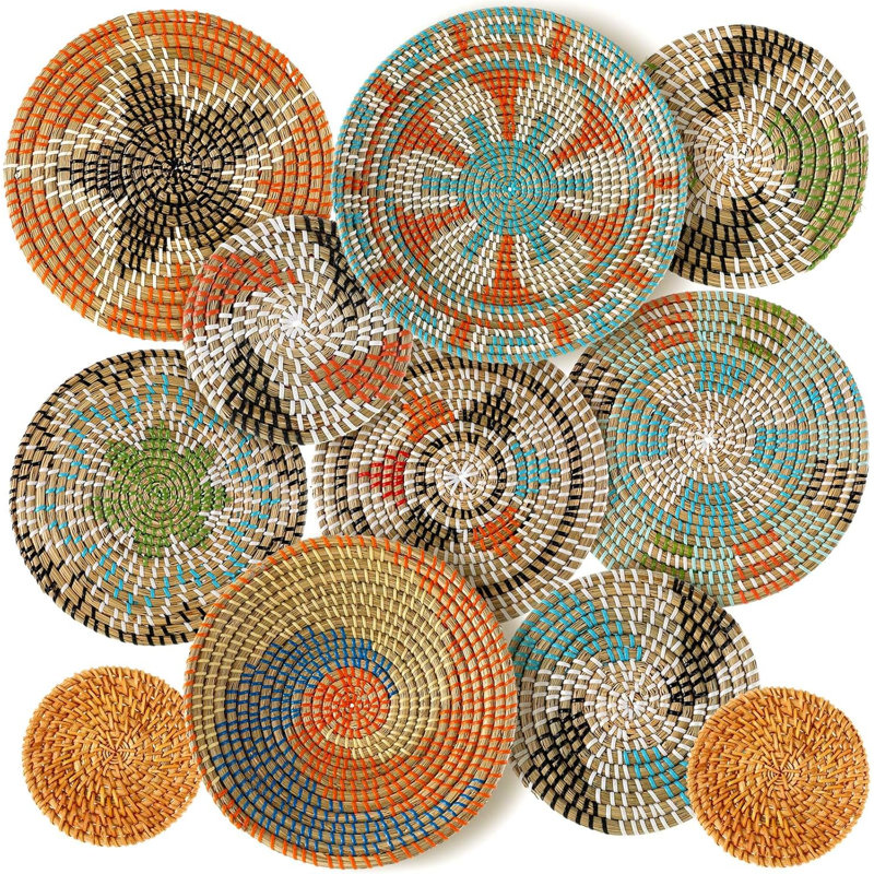 11 pièces Boho Wall Basket Decor décoratif Bulrush tissé panier Art mural rond maison de campagne Paniers suspendus pour la cuisine Rustic Home Summer Decorations, multi tailles (maison de campagne)