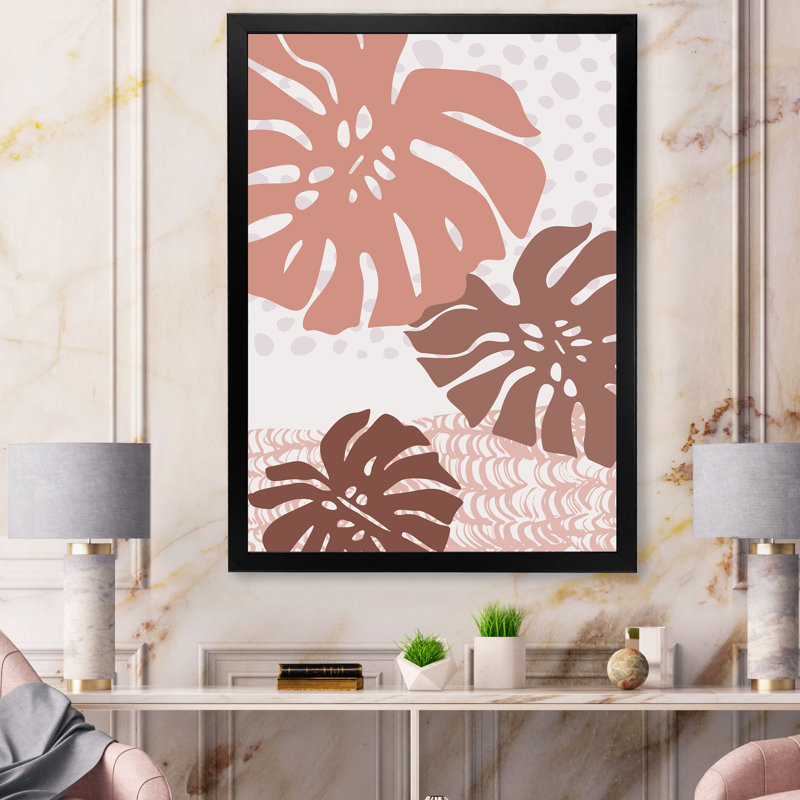 «Tropical Leaf Abstraction in Earth Tones», peinture sur toile, H 32 po x l 24 po x P 1 po, Cadre noir