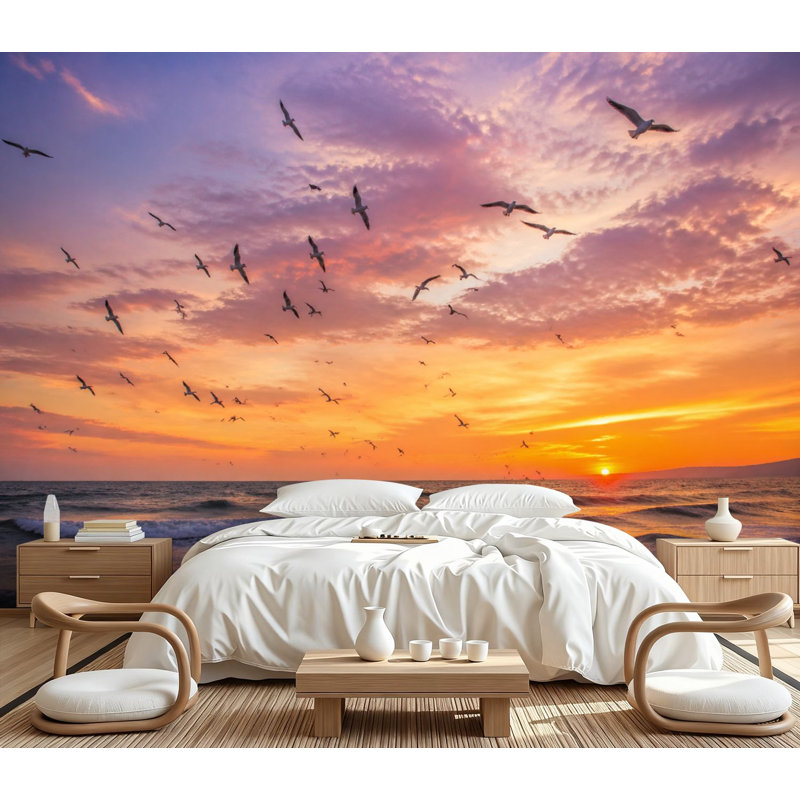 Papier peint adhésif autocollant Flock Birds Ocean Colorful Sunset, L 99,6 po x l 144 po