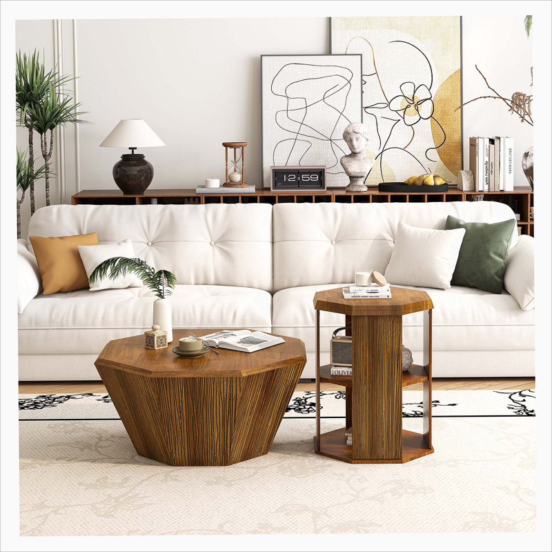 31.5 "Octagonal Log Colour  Rubber wood Set of Two Coffee Table, Coffee Table