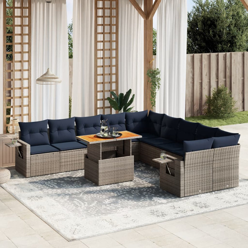  11 Piece Patio Sofa Set With Cushions Poly Rattan, Grey, Blue
