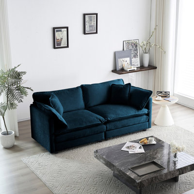 Mobilier de salon moderne - chenille bleue, 4 coussins, base en bois massif, revêtement doux et respirant, rembourrage en éponge, structure, confortable