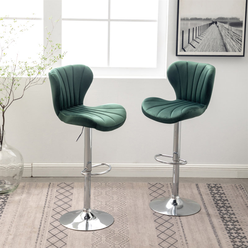 Ellston Upholstered Adjustable Swivel Barstools In Green, Set Of 2, Green