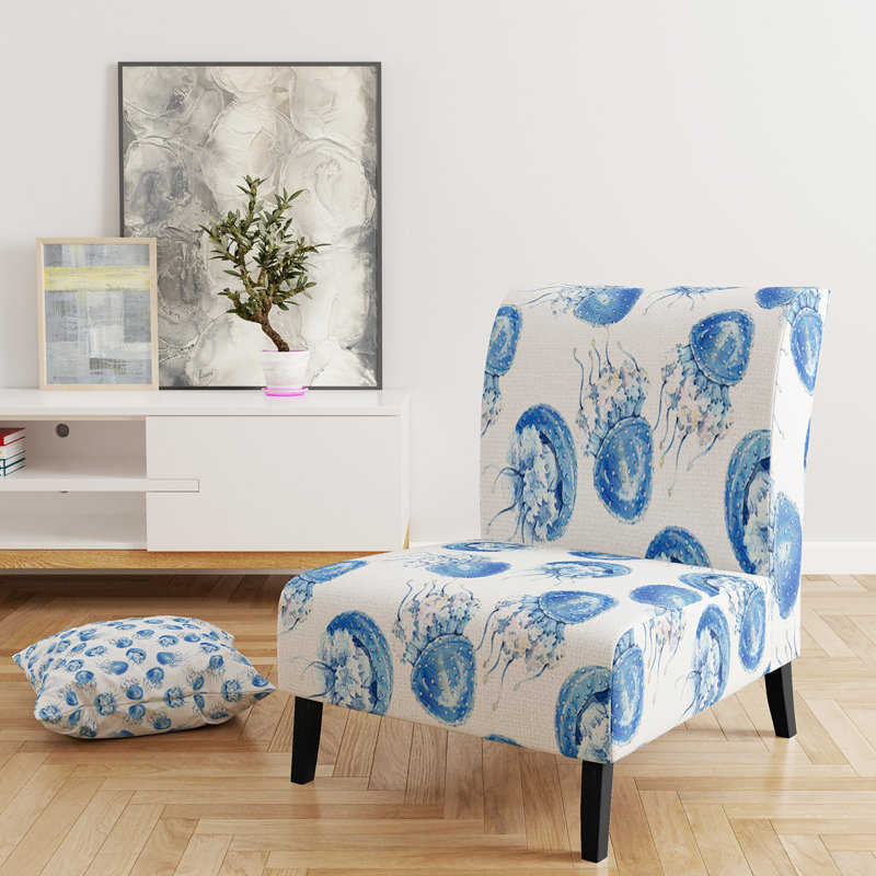 Brechta Vibrant Curve Design II - Velvet Upholstered Modern Slipper Chair, Blue Jellyfish/White