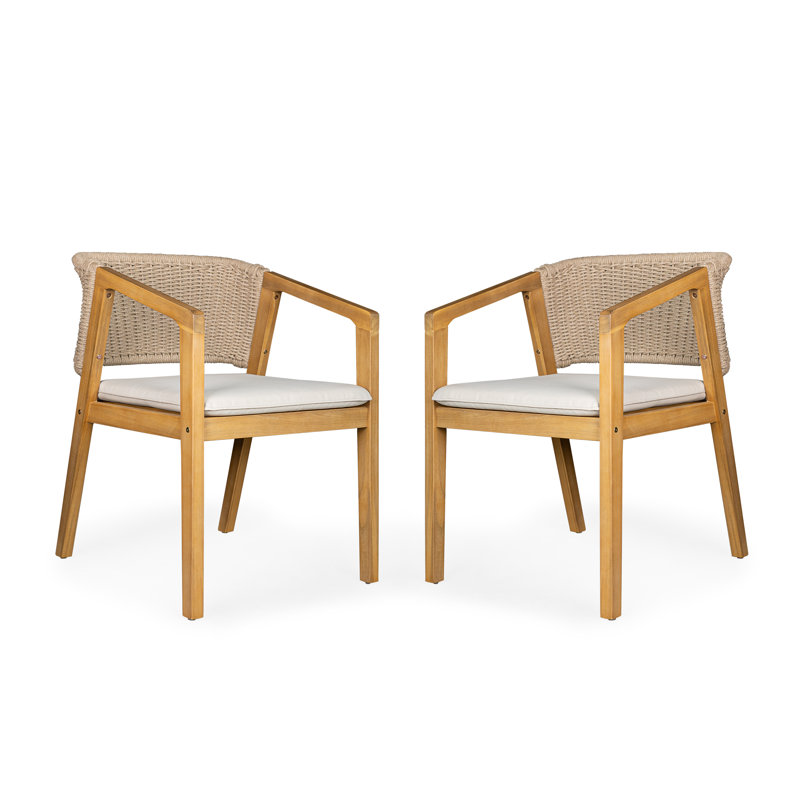 Durable Solid Wood Patio Dining Chair Set of 2 with Rope Design and Waterproof Cushions for Outdoor Relaxation