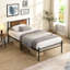 Cadre de lit simple en métal, tête de lit avec décoration en bois, noir