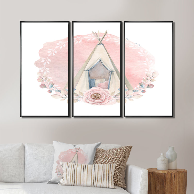 «Kids Boho Wigwam In Pink», peinture sur toile 3 pièces, H 28 po x l 36 po, Cadre noir