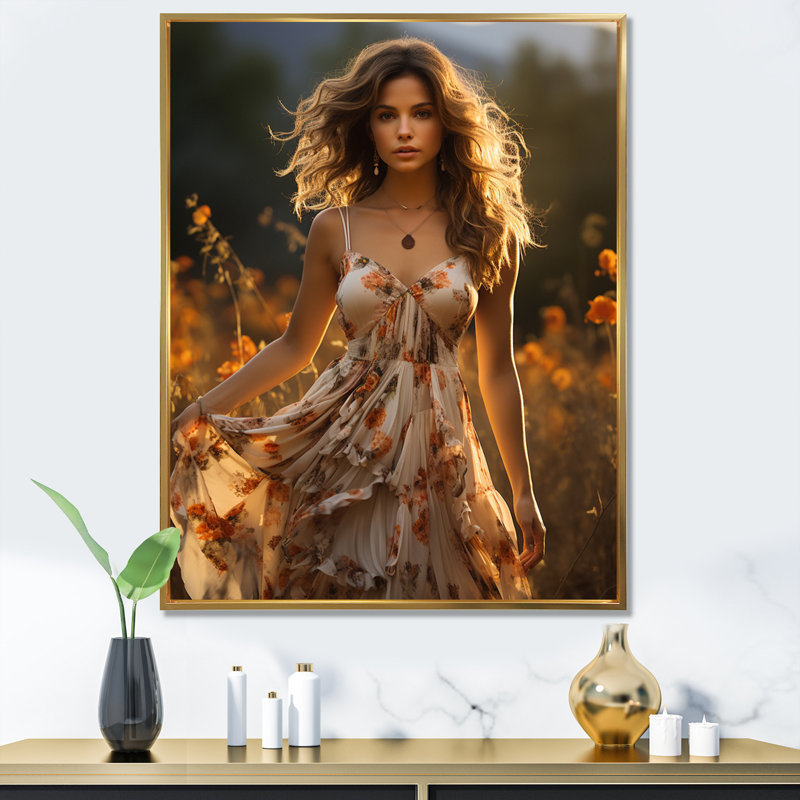 "Femme modèle dans le pays II", reproduction d'art sur toile, Cadre flottant doré, H 20 po x l 12 po x P 1 po