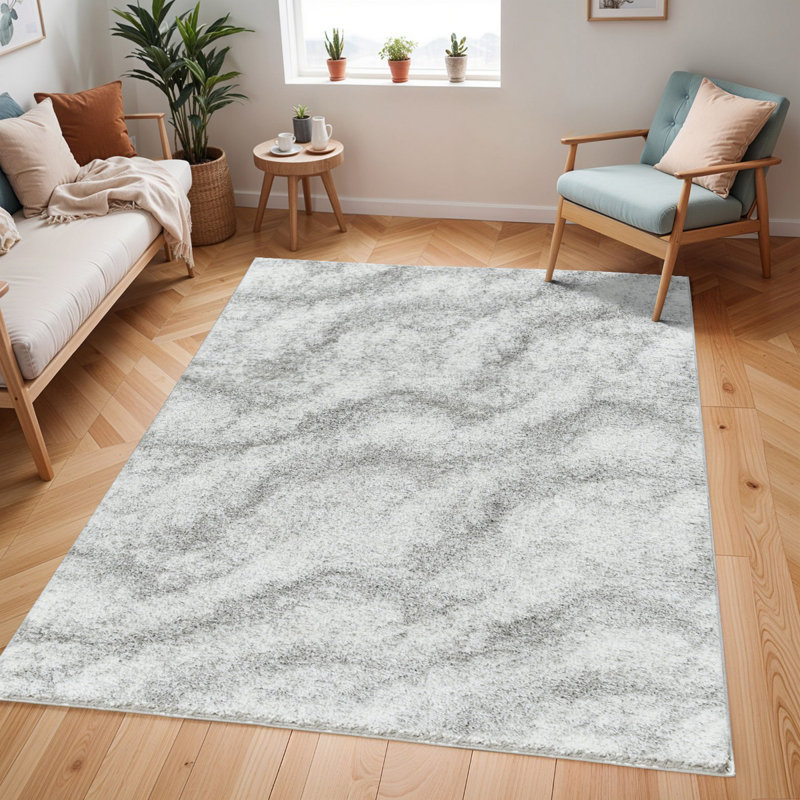 Grey Modern Shaggy Rug, Abstract Anti-Slip Easy to Clean Rug For Living Room, Dining Room, Bedroom, Kitchen