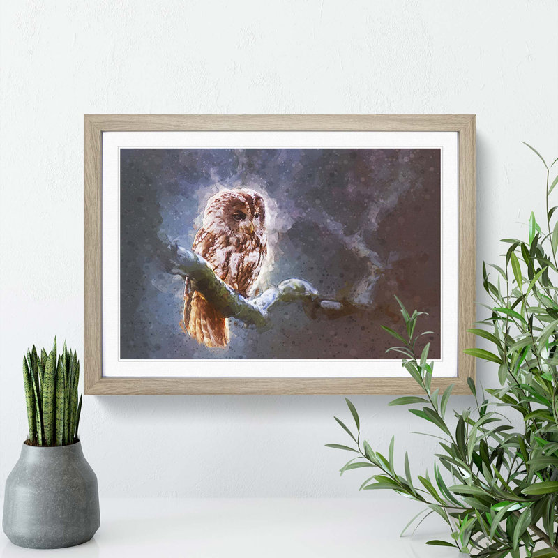 Owl Upon a Tree Branch in Abstract - Picture Frame Graphic Art Print, 62cm H x 87cm W x 2cm D, Oak Framed
