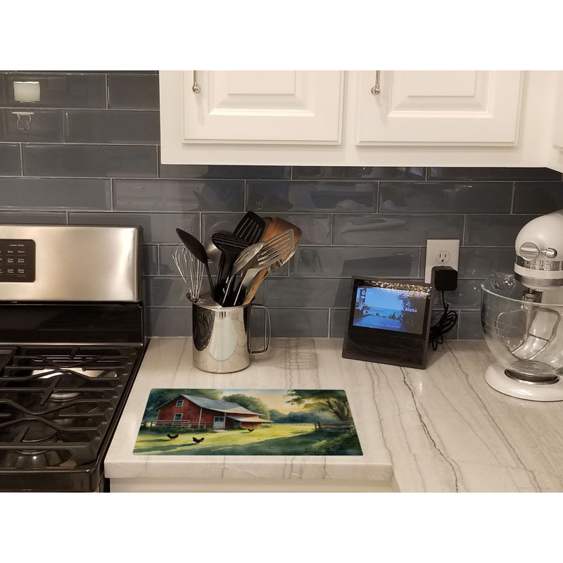 Chicken Coop at Dawn Glass Cutting Board