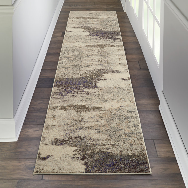 Tapis abstrait ivoire / gris Adriennie, Tapis de couloir 2 pi 2 po x 7 pi 6 po