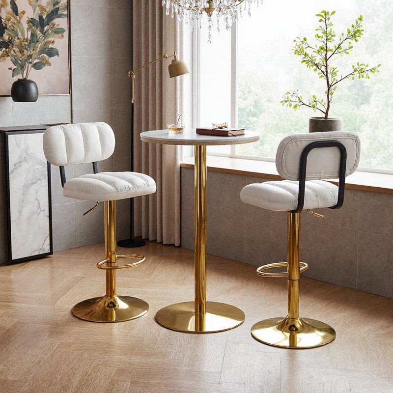 Table bistro à hauteur réglable avec 2 tabourets de bar pivotants - Ensemble bistro pour petits espaces, Or, blanc