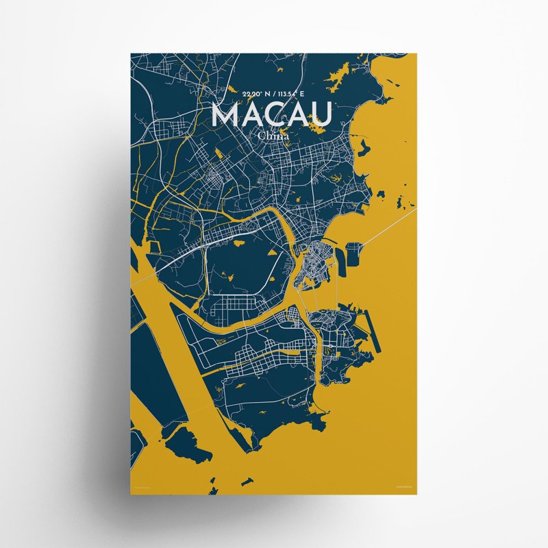 Macau, carte de la ville, impression, H 17 po x l 11 po, Bleu / Jaune
