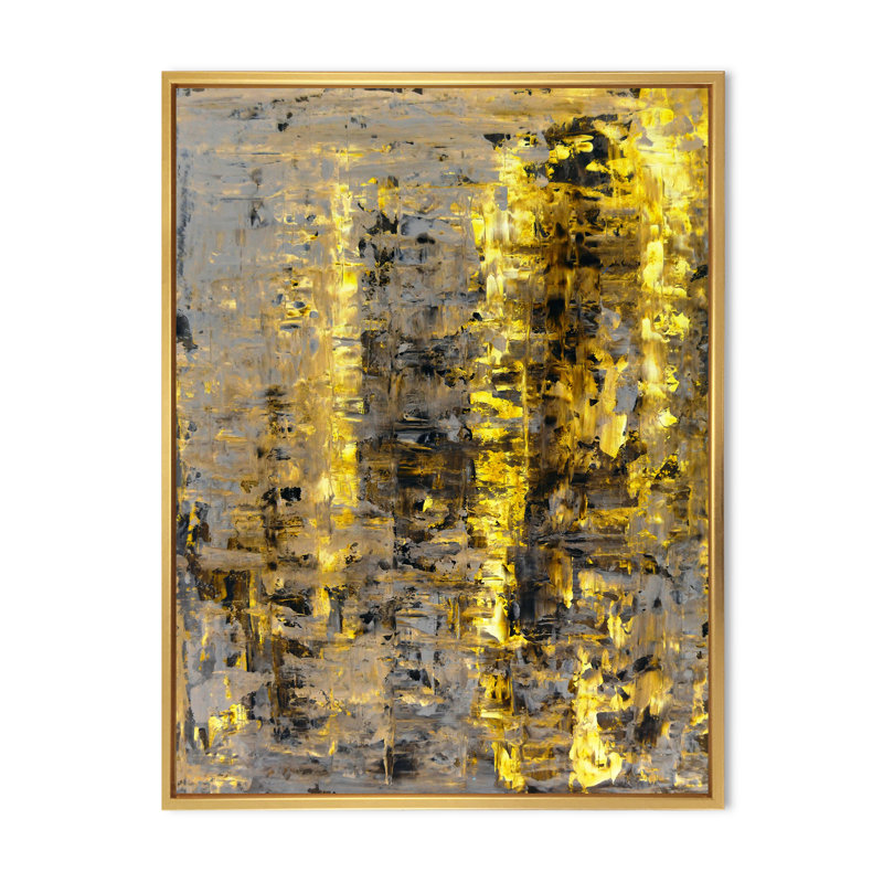 «Yellow Meets Gray Abstract Art II», peinture sur toile, H 32 po x l 24 po x P 1 po, Cadre flottant doré