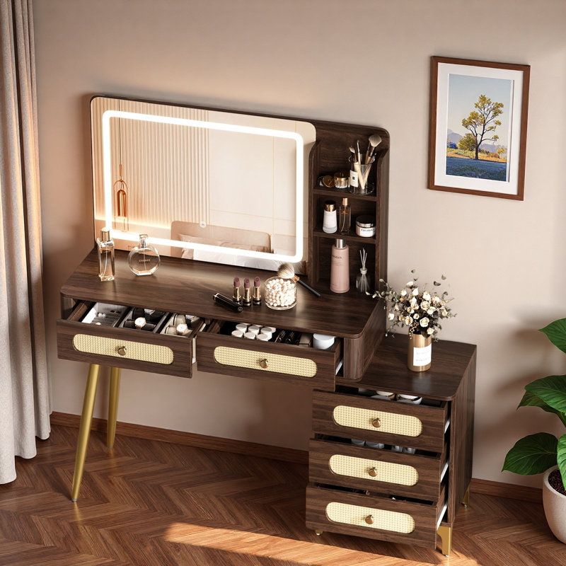 Coiffeuse de maquillage rétro avec miroir et lumières, 5 tiroirs, tablettes de rangement ouvertes, conception en rotin et poignées en métal