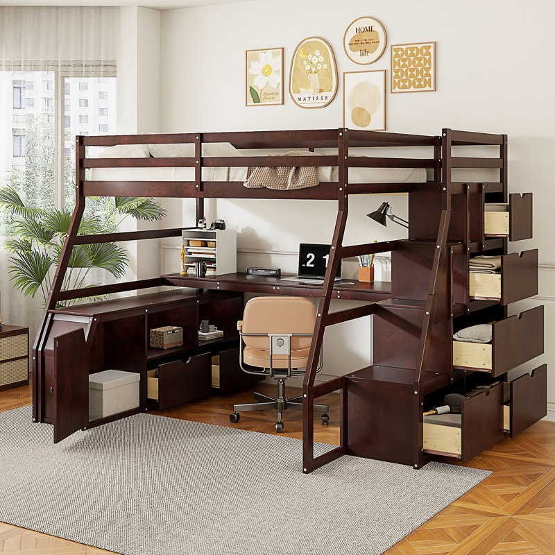 Lit mezzanine double avec 7 tiroirs, 2 tablettes et bureau, Espresso