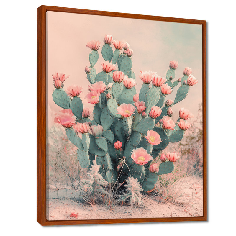 Cactus en fleurs dans le désert Mars Marsa, H 44 po x l 34 po, Reproduction avec cadre flottant, Brun