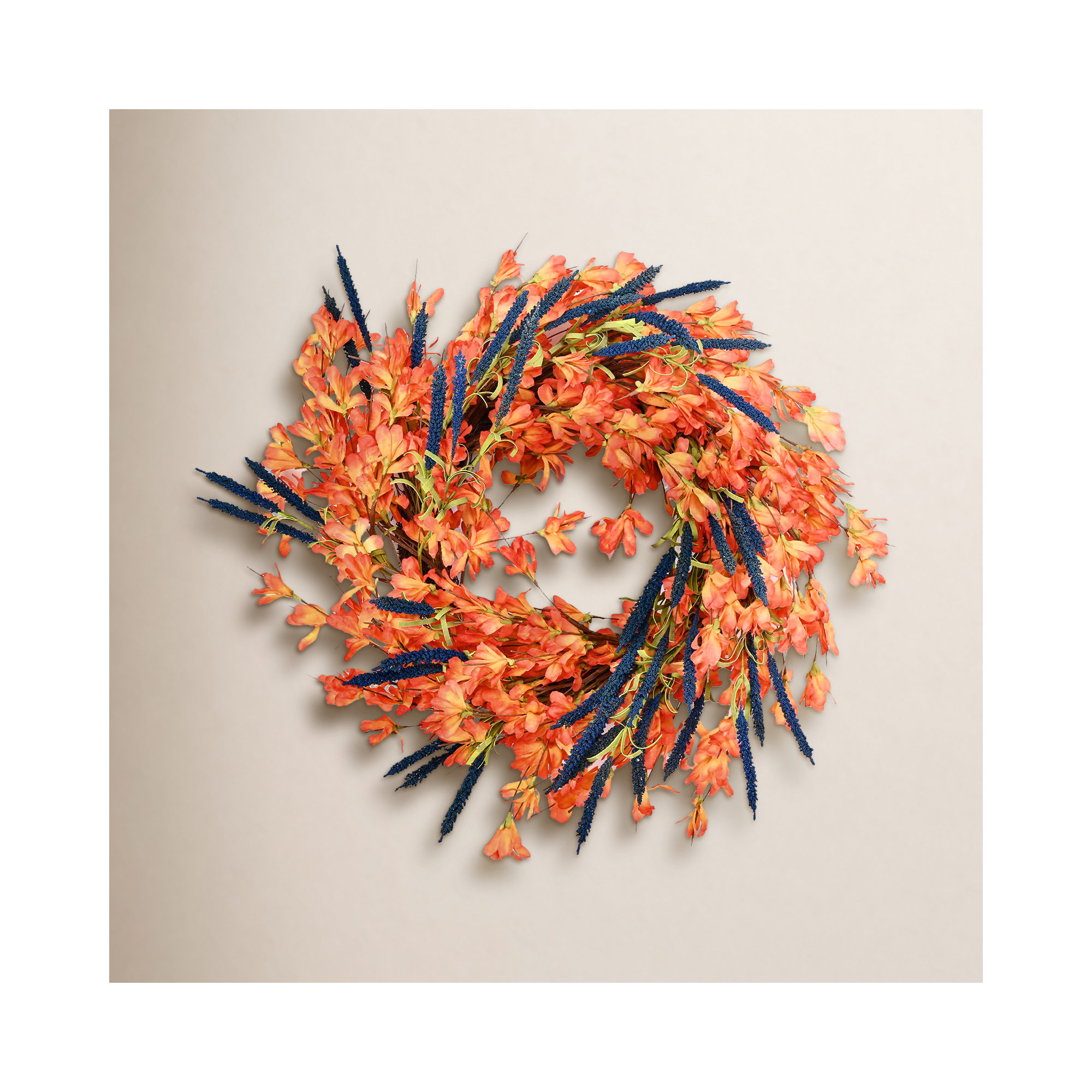 24" Forsythia Berry Blossoms Cluster Fall Thanksgiving Day Wreath, Blue