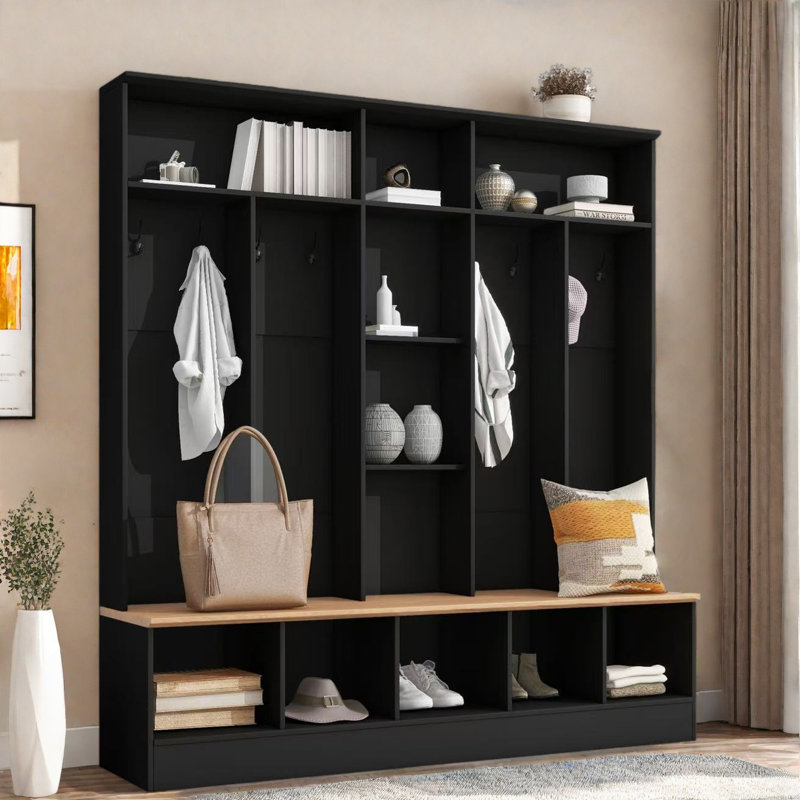 Wide Design Hall Tree With Storage Bench, Shoe Cabinet, Shelves And 8 Hooks, Black