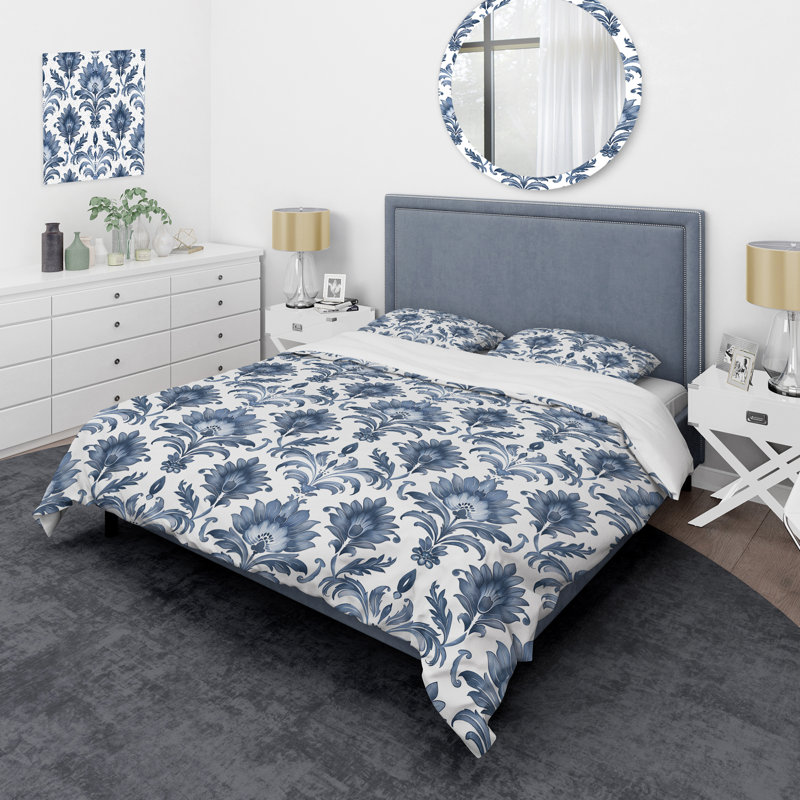 Blue Damask Delight - Ensemble de housse de couette transitionnel, Housse de couette simple et deux taies décorative