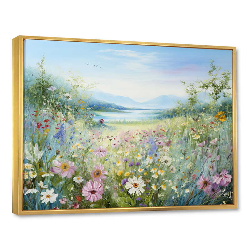 Simplity Wreath Green Flower Field - Art mural grand champ de fleurs, Cadre flottant doré, H 24 po x l 32 po x P 1 po