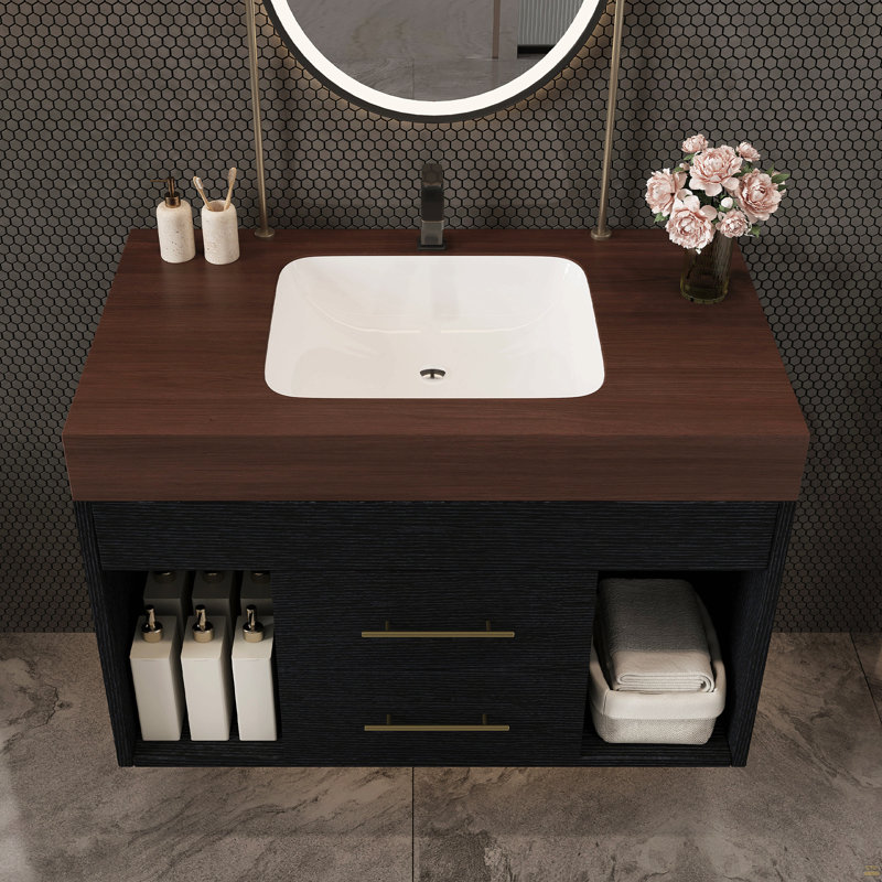Ensemble de meuble-lavabo mural flottant 29,9 po, Noir, Brun