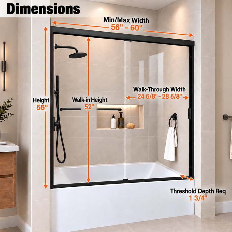 Vetra 60 In. W X 56 In. H Semi-Frameless Sliding Bathtub Door With Clear Glass in Brushed Nickel, Matte Black