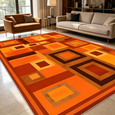 Tapis carrés 1 pièce à motif géométrique rétro patchwork de tons chauds pour le salon, doux et confortable, convient à toutes les saisons, facile à entretenir, lavable à la machine, convient à la salle à manger, à la chambre à coucher, au vestibule, au bureau personnel, à la décoration intérieure et extérieure.