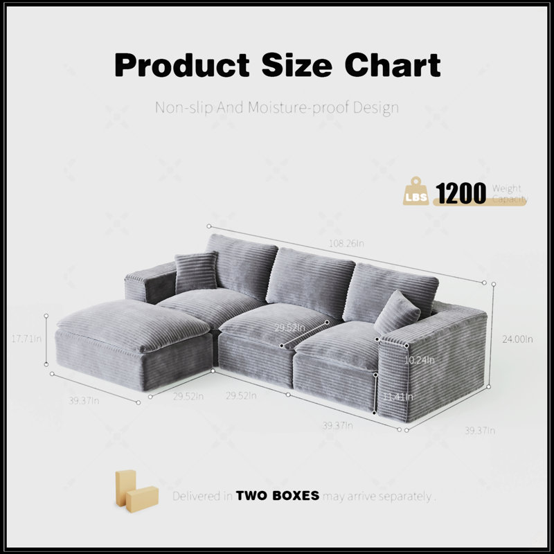 108" Cloud Sectional Couch With L-Shape Chaise, Gray