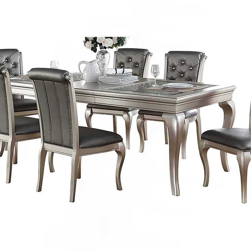 Dining Table Rectangle Glass Inert Top Silver Hue 7Pc Dining Table 6X Side Chairs Tufted Back Dining Room Furniture