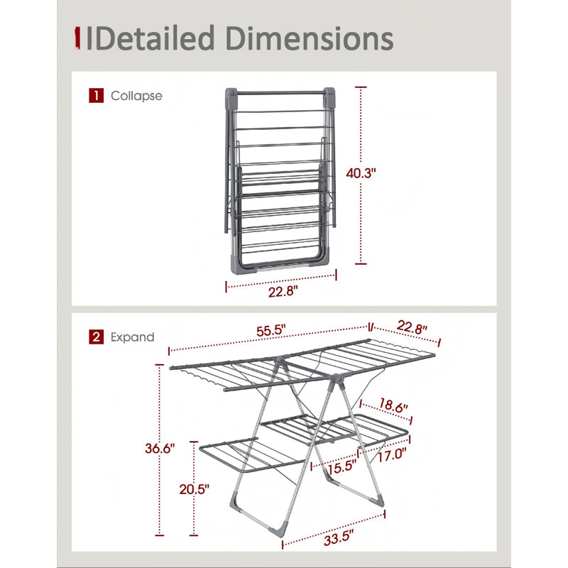 Clothes Drying Rack, Foldable 2-Level Laundry Drying Rack With Height-Adjustable Wings, Free-Standing Space-Saving Rack, Indoor & Outdoor, (Grey)