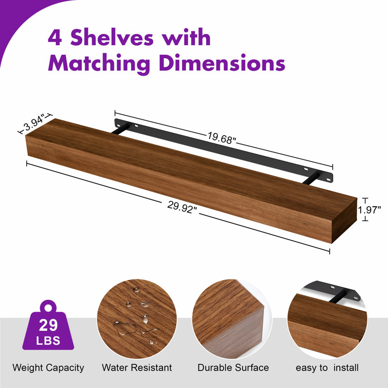 Wooden Floating Wall Shelves, 1.97" H x 29.92" W x 3.94" D