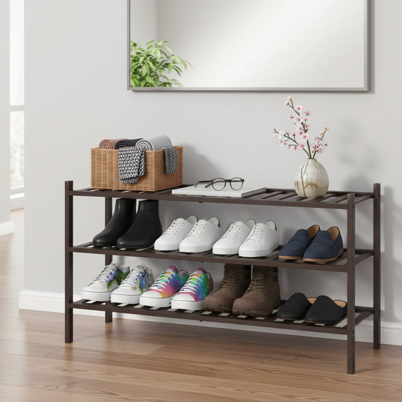 Four-Tier Bamboo Shoe Rack, Freestanding And Stackable, Suitable For Wardrobes, Entryways, And Small Spaces., Brown