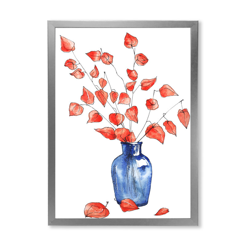 Automne, nature morte avec vase bleu, fleurs orange - peinture sur toile, H 32 po x l 24 po