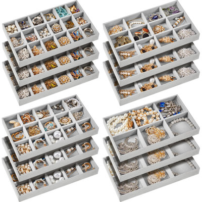 12 Pcs Jewellery Tray Velvet Stackable Jewellery Organizer Trays Divided Earring Organizer Jewellery Storage Containers Box (Grey)